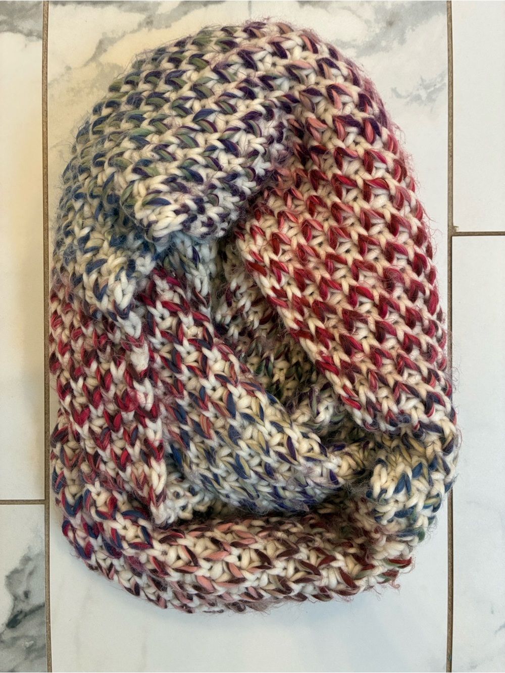 Chunky Multicolor Knit Scarf - Cream, pink & Blue